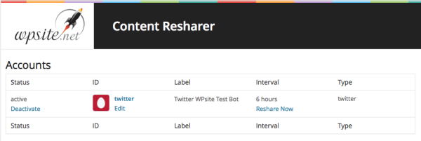 WP Content Resharer Accounts Page