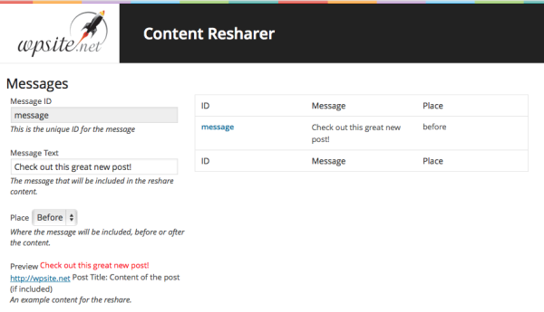 WP Content Resharer Messages Page